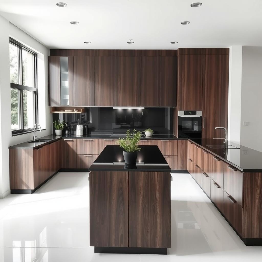 A medium-sized minimalist L-shaped kitchen with a bone white floor and a black countertop