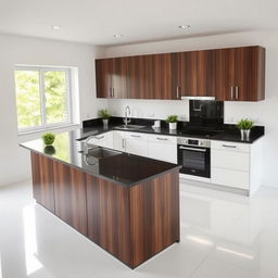 A medium-sized minimalist L-shaped kitchen with a bone white floor and a black countertop