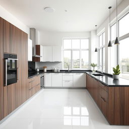 A medium-sized minimalist L-shaped kitchen with a bone white floor and a black countertop