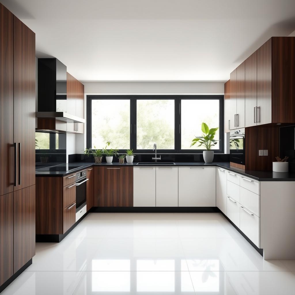 A medium-sized minimalist L-shaped kitchen with a bone white floor and a black countertop