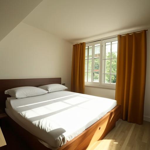 Create an image of a 20 feet by 15 feet room, featuring a large bed with a big window on the wall beside it, and another big window on an adjacent wall.