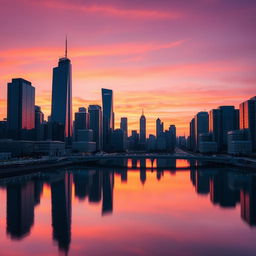 A modern city skyline at sunset with high-rise buildings and a beautiful gradient sky transitioning from orange to purple