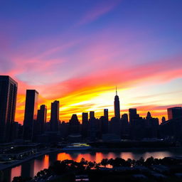 A modern city skyline at sunset with high-rise buildings and a beautiful gradient sky transitioning from orange to purple