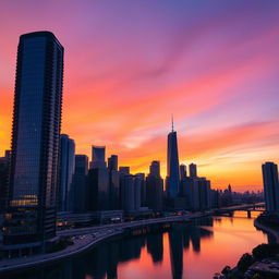 A modern city skyline at sunset with high-rise buildings and a beautiful gradient sky transitioning from orange to purple