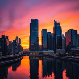 A modern city skyline at sunset with high-rise buildings and a beautiful gradient sky transitioning from orange to purple