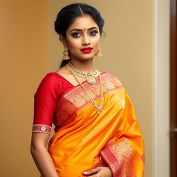 An Indian crossdresser dressed in an elegant Kerala saree, standing gracefully with a confident pose that highlights the beauty of the traditional attire