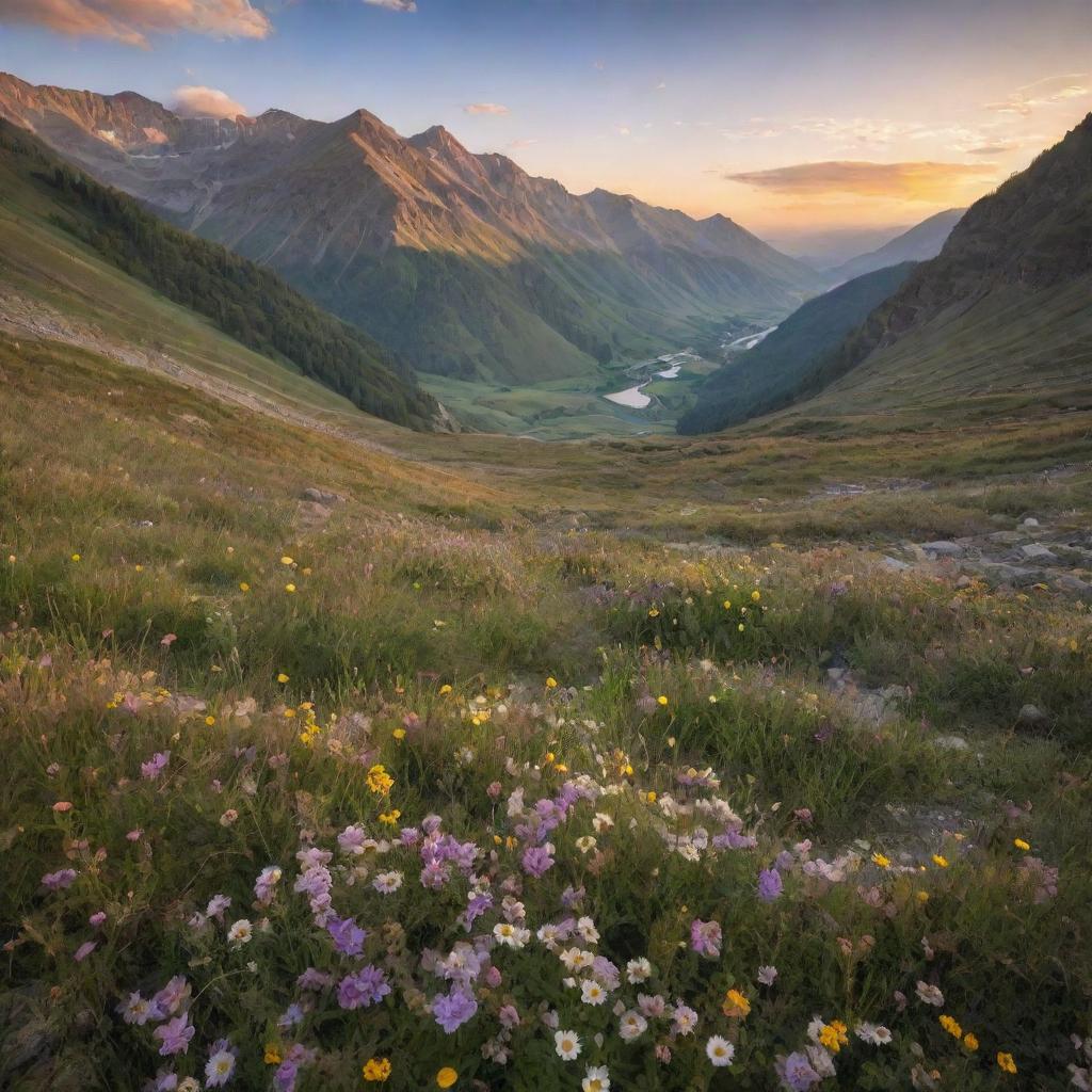 A serene, beautiful landscape of a mountain valley during the golden hours of sunset with wild flowers blooming