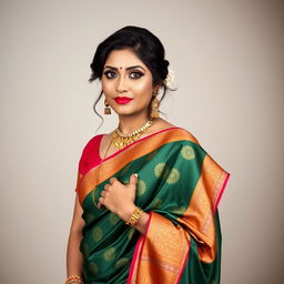 An Indian crossdresser dressed in an elegant Kerala saree, standing gracefully with a confident pose that highlights the beauty of the traditional attire