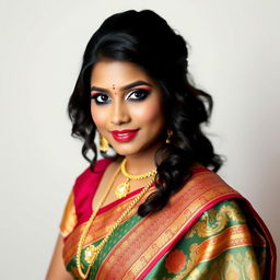 An Indian crossdresser dressed in an elegant Kerala saree, standing gracefully with a confident pose that highlights the beauty of the traditional attire