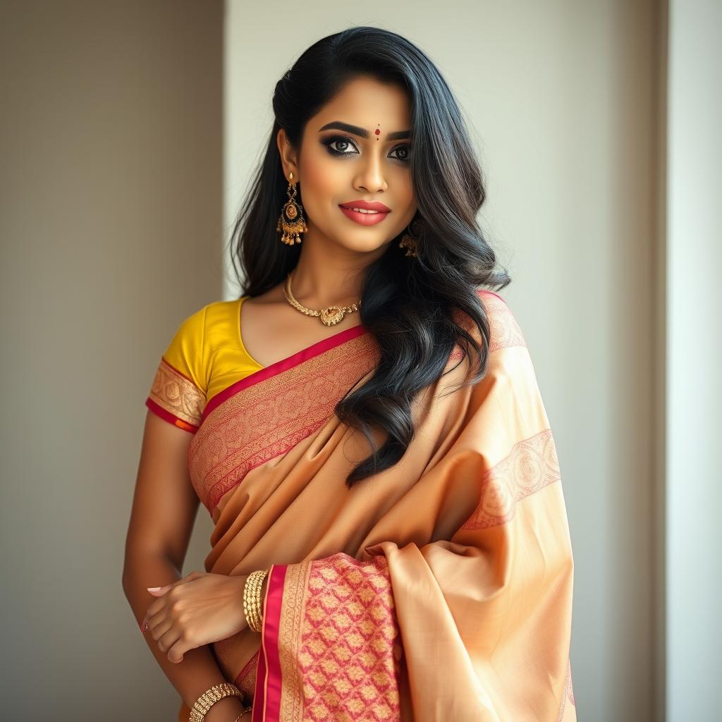 An Indian crossdresser dressed in an elegant Kerala saree, standing gracefully with a confident pose that highlights the beauty of the traditional attire