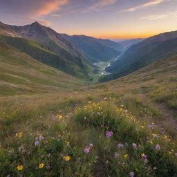 A serene, beautiful landscape of a mountain valley during the golden hours of sunset with wild flowers blooming