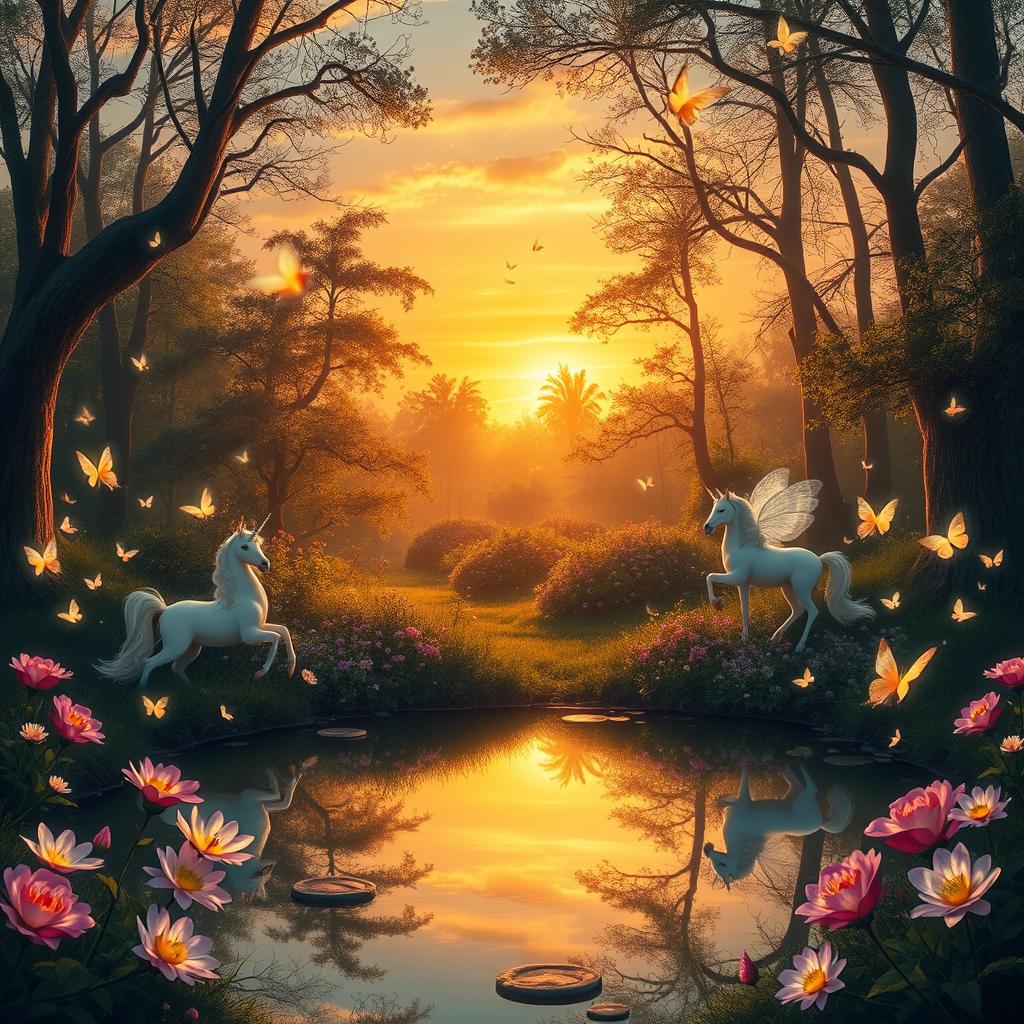 A magical forest during sunset, filled with ethereal glowing flowers and mythical creatures like unicorns and pixie fairies