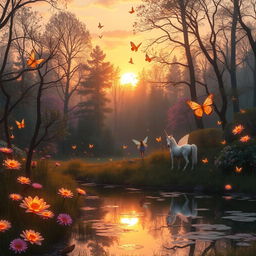 A magical forest during sunset, filled with ethereal glowing flowers and mythical creatures like unicorns and pixie fairies