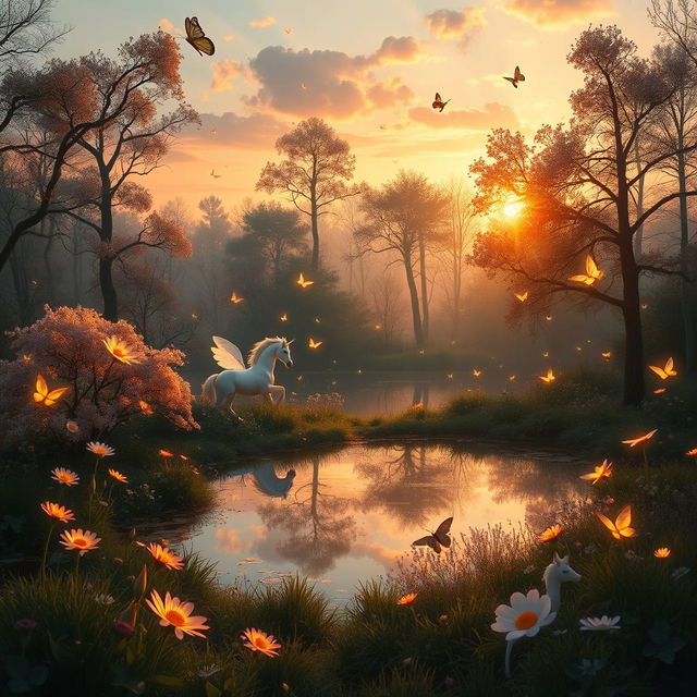 A magical forest during sunset, filled with ethereal glowing flowers and mythical creatures like unicorns and pixie fairies