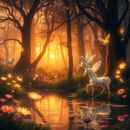 A magical forest during sunset, filled with ethereal glowing flowers and mythical creatures like unicorns and pixie fairies