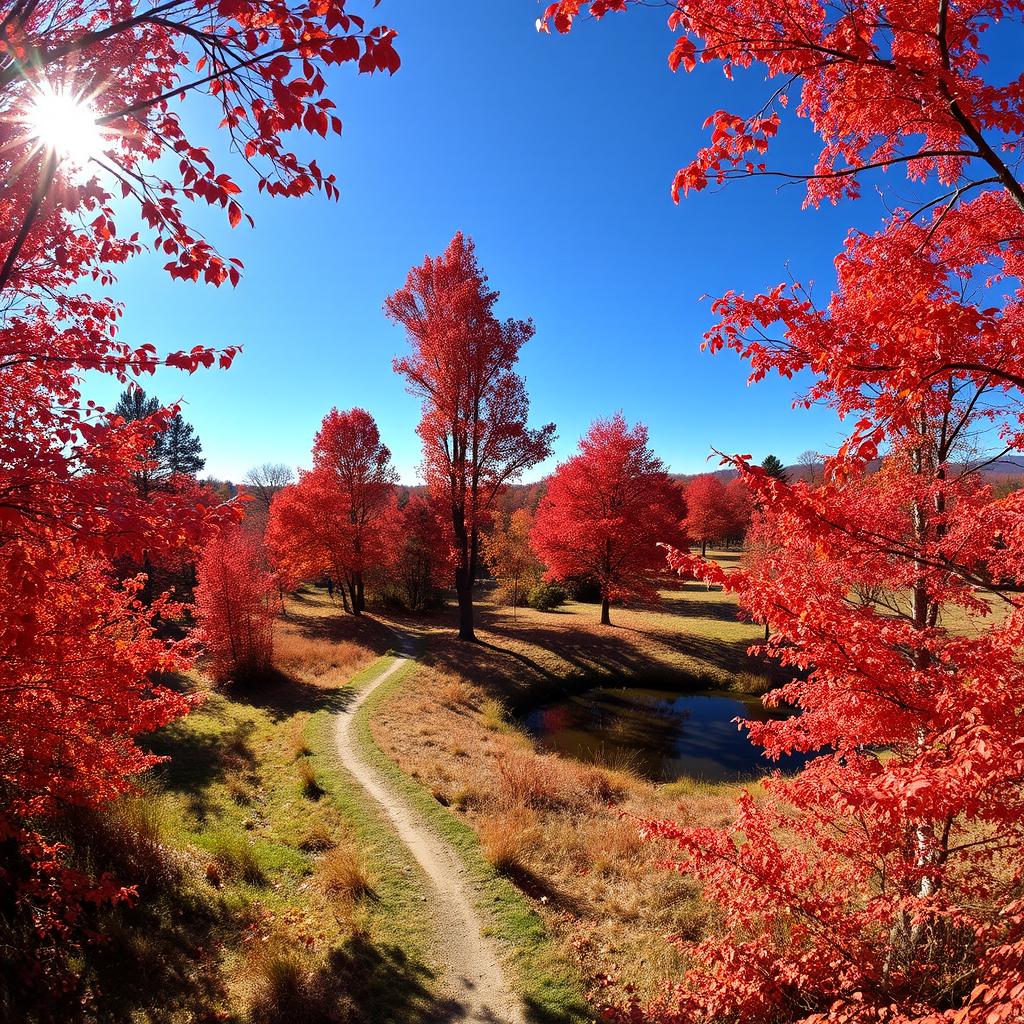 A picturesque landscape embodies the essence of autumn in a serene countryside