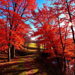 A picturesque landscape embodies the essence of autumn in a serene countryside