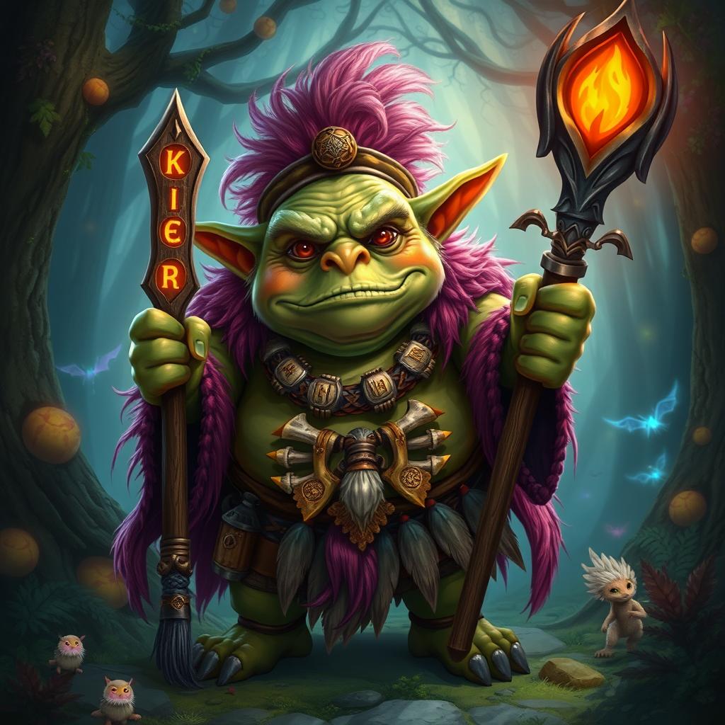 A rotund Shaman goblin with vibrant, mystical attire, holding a staff adorned with glowing runes