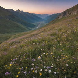 A serene, beautiful landscape of a mountain valley during the golden hours of sunset with wild flowers blooming