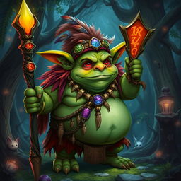 A rotund Shaman goblin with vibrant, mystical attire, holding a staff adorned with glowing runes