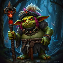 A rotund Shaman goblin with vibrant, mystical attire, holding a staff adorned with glowing runes