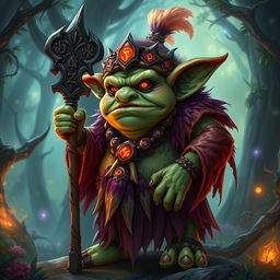 A rotund Shaman goblin with vibrant, mystical attire, holding a staff adorned with glowing runes