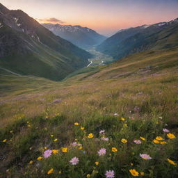 A serene, beautiful landscape of a mountain valley during the golden hours of sunset with wild flowers blooming