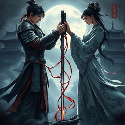 A dramatic and intense book cover set in a Chinese fantasy world, featuring a male and female character in a tense standoff