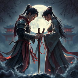 A dramatic and intense book cover set in a Chinese fantasy world, featuring a male and female character in a tense standoff