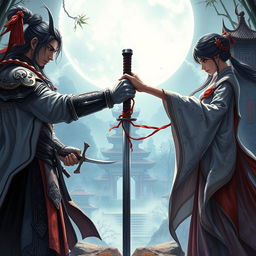 A dramatic and intense book cover set in a Chinese fantasy world, featuring a male and female character in a tense standoff