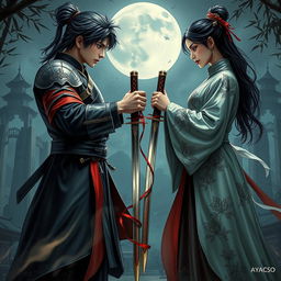 A dramatic and intense book cover set in a Chinese fantasy world, featuring a male and female character in a tense standoff