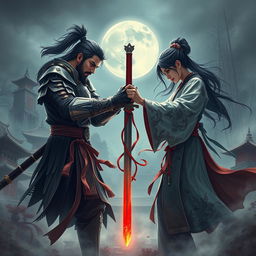 A dramatic and intense book cover set in a Chinese fantasy world, featuring fierce and bold male and female characters in a tense standoff