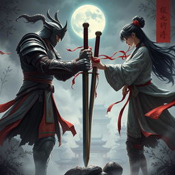 A dramatic and intense book cover set in a Chinese fantasy world, featuring fierce and bold male and female characters in a tense standoff