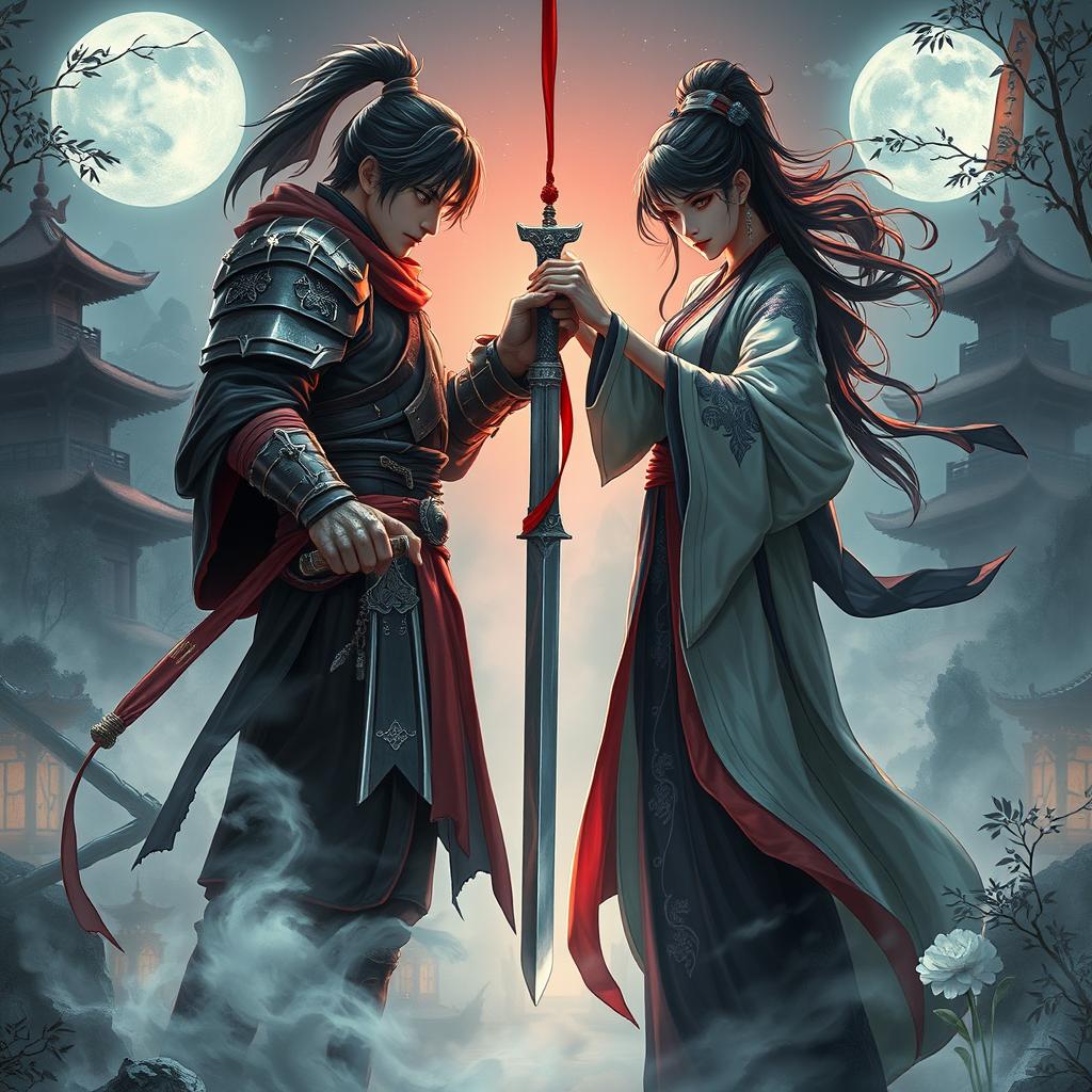 A dramatic and intense book cover set in a Chinese fantasy world, featuring fierce and bold male and female characters in a tense standoff