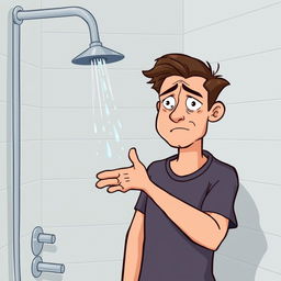 An illustration of a person opening a shower with only a small trickle of water coming out