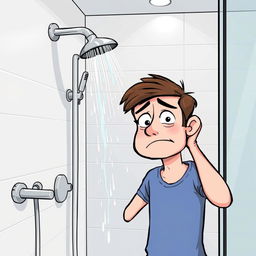 An illustration of a person opening a shower with only a small trickle of water coming out