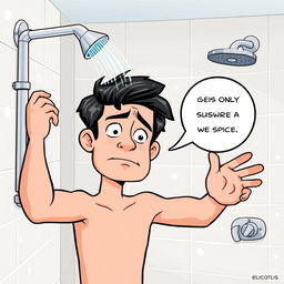 An illustration of a person opening a shower with only a small trickle of water coming out