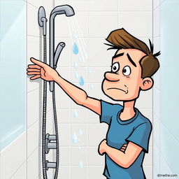 An illustration of a person opening a shower with only a small trickle of water coming out