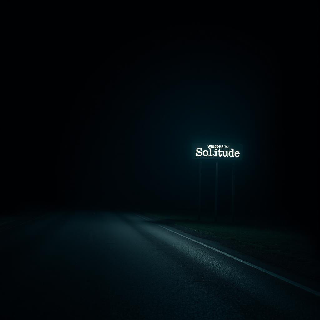 A dark road at night with no lighting, featuring a single glowing sign that reads 'Welcome to Solitude'