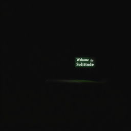 A dark road at night with no lighting, featuring a single glowing sign that reads 'Welcome to Solitude'