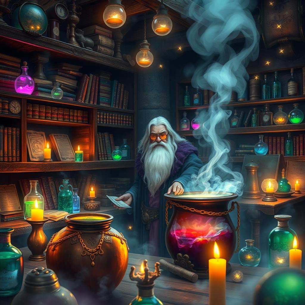 A magical, mystical laboratory filled with colorful, bubbling potions, glowing with ethereal light