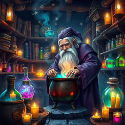 A magical, mystical laboratory filled with colorful, bubbling potions, glowing with ethereal light