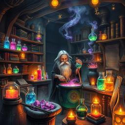 A magical, mystical laboratory filled with colorful, bubbling potions, glowing with ethereal light