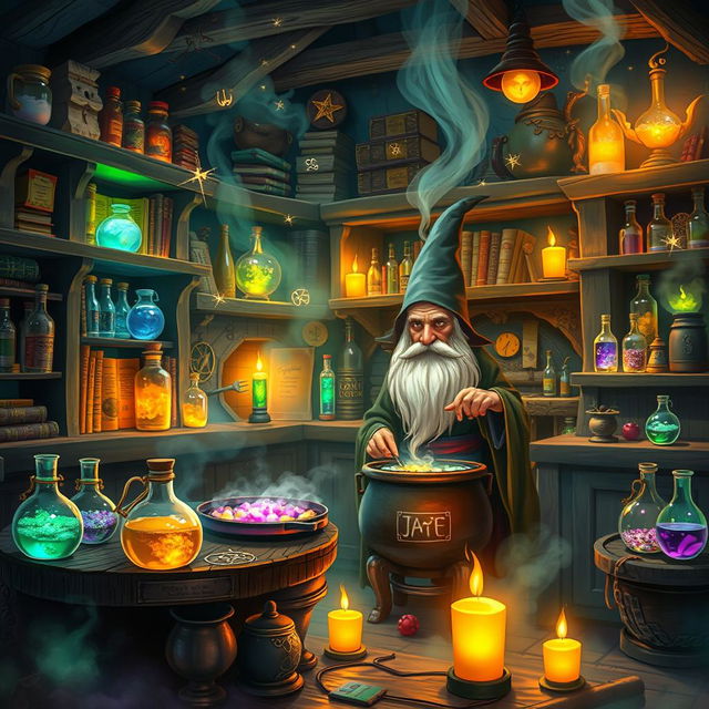 A magical, mystical laboratory filled with colorful, bubbling potions, glowing with ethereal light