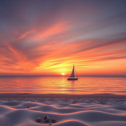 A serene sunset over a calm ocean, with a sailboat gently floating in the water