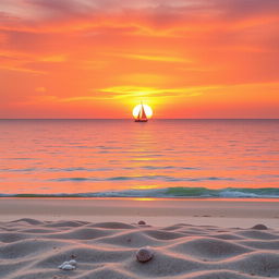 A serene sunset over a calm ocean, with a sailboat gently floating in the water