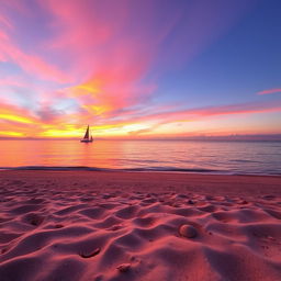 A serene sunset over a calm ocean, with a sailboat gently floating in the water