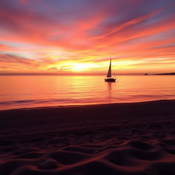 A serene sunset over a calm ocean, with a sailboat gently floating in the water