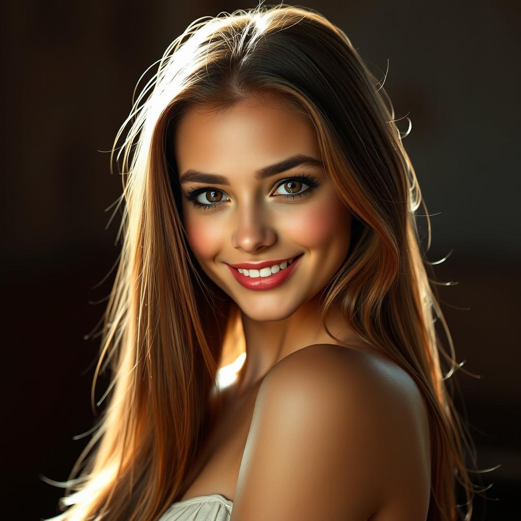 A stunning and alluring girl with a captivating smile, strikingly beautiful features, and an air of confidence