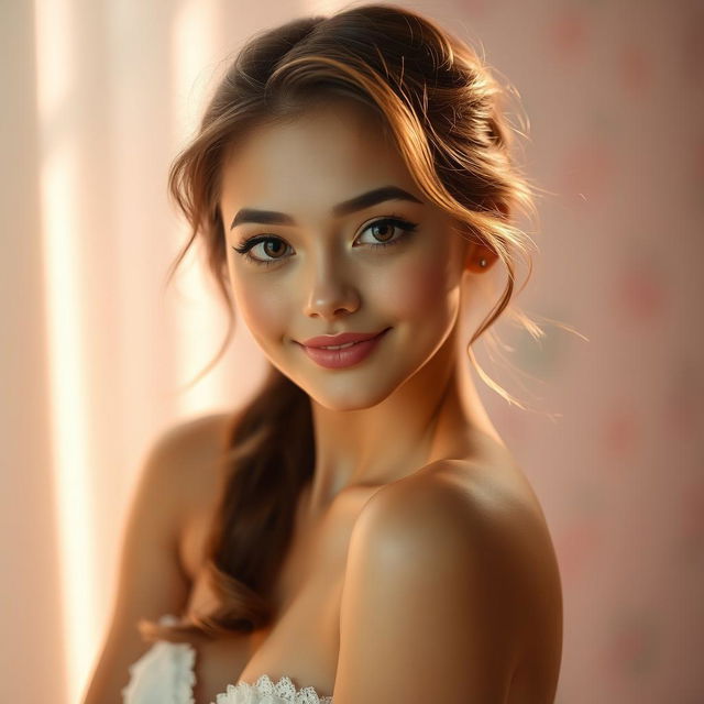 A cute and sexy girl portrayed with elegance and allure, standing gracefully under a gentle, diffused light that highlights her natural beauty